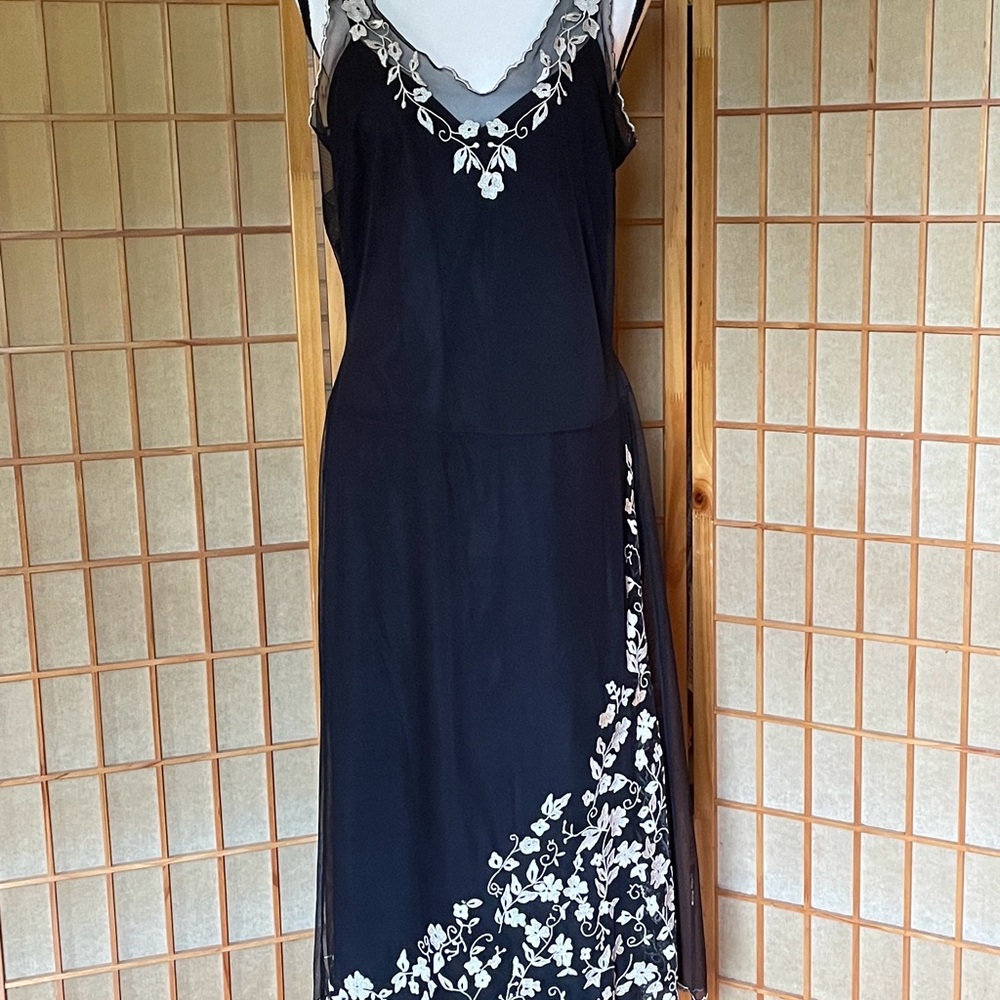 Newport News Dress Vintage Black & Cream Embroidered Sheer Mesh Slip Dress
